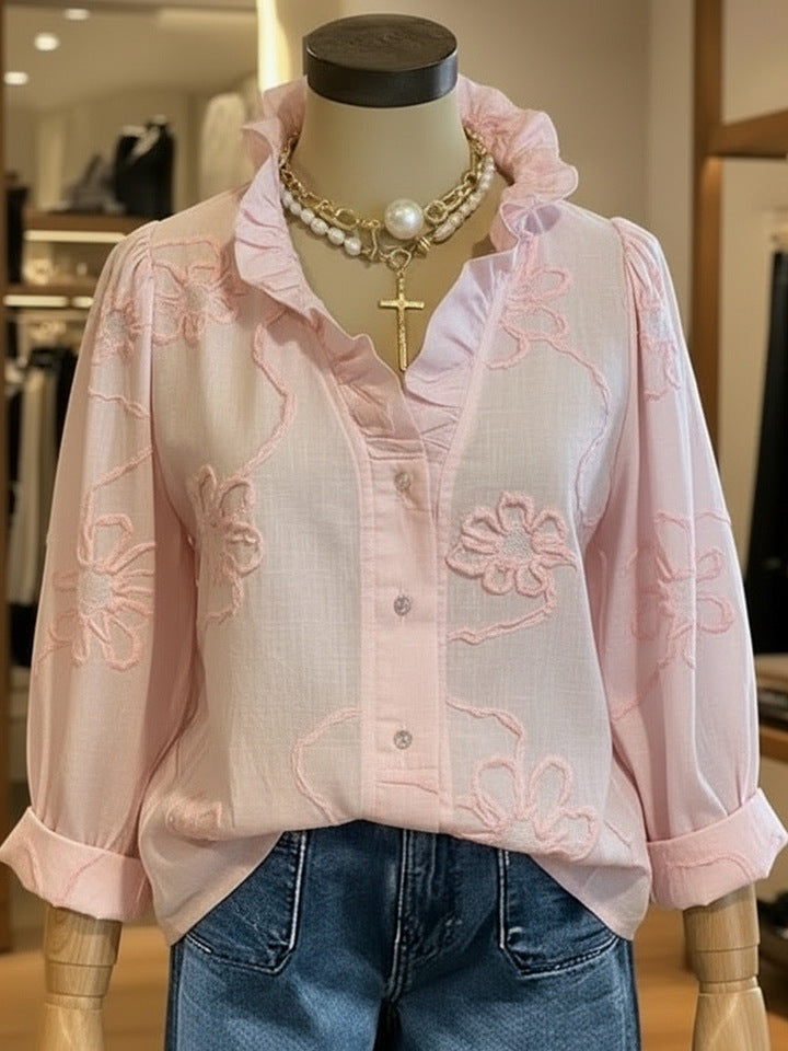 Lace printed cotton linen sweet shirt