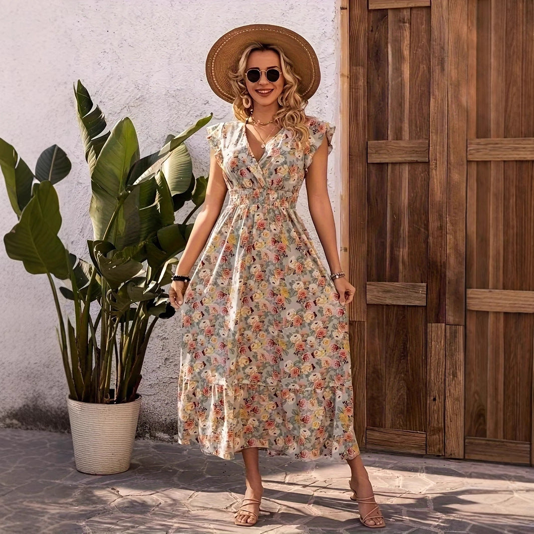 Clothing Elegant Floral Print V-Neck Short Sleeve Fitted Dress