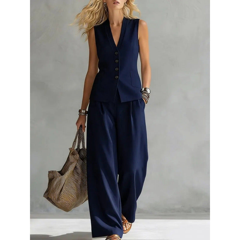 Solid color sleeveless casual linen vest and pants set