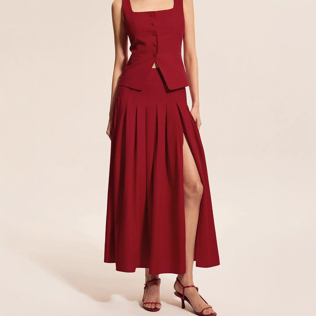Sleeveless vest half skirt large umbrella slit skirt set