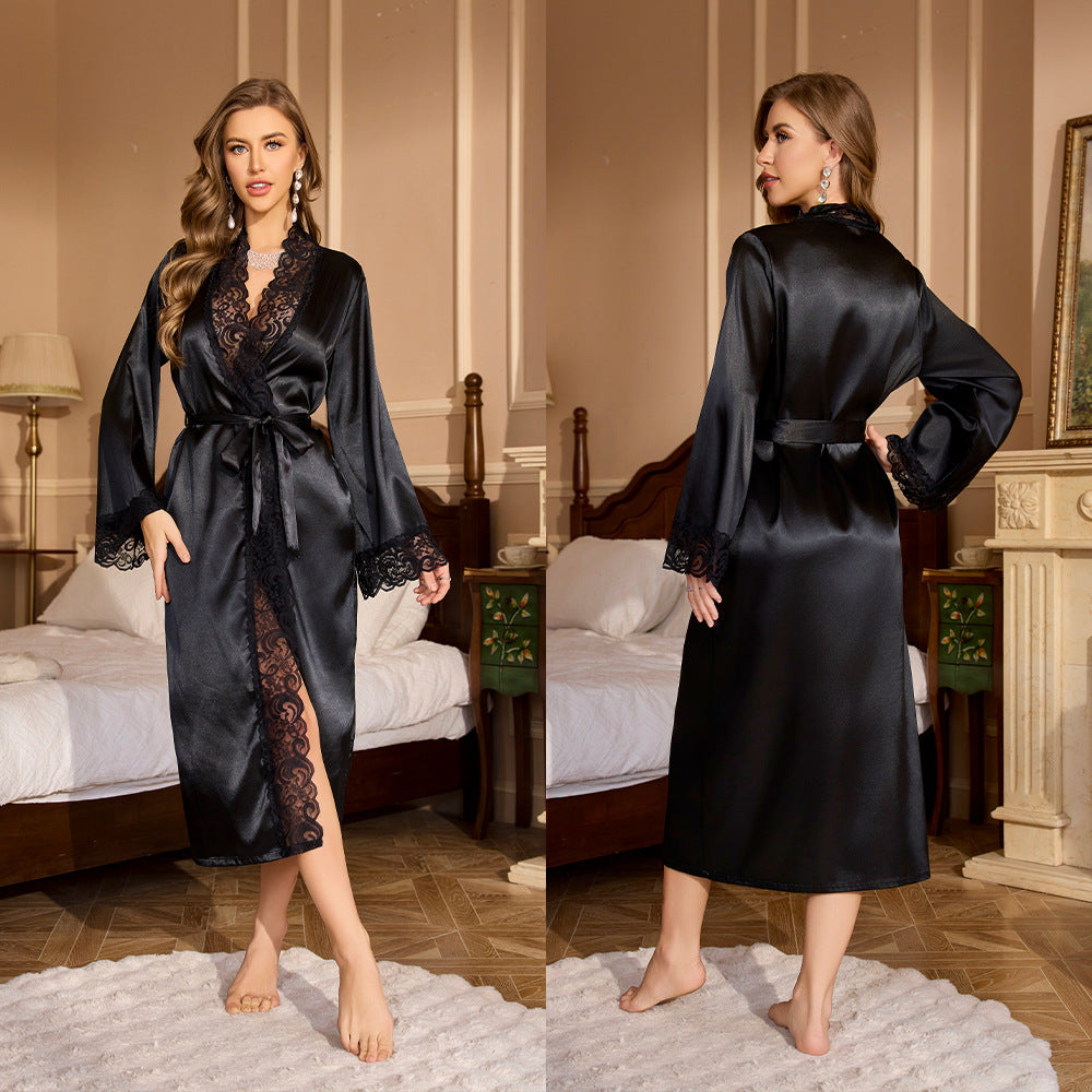 Splicing Lace Hem Long Robe Women's Homewear Bathrobe