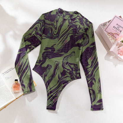 Tie-dye Sexy Underwear Bodysuit with Outerwear Mesh Bodysuit