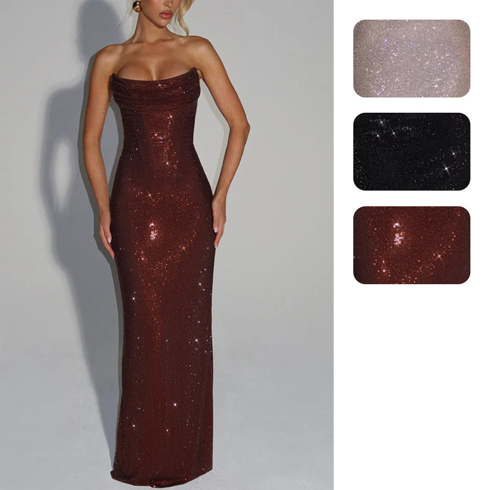 Slim fit sleeveless sequined long evening gown dress