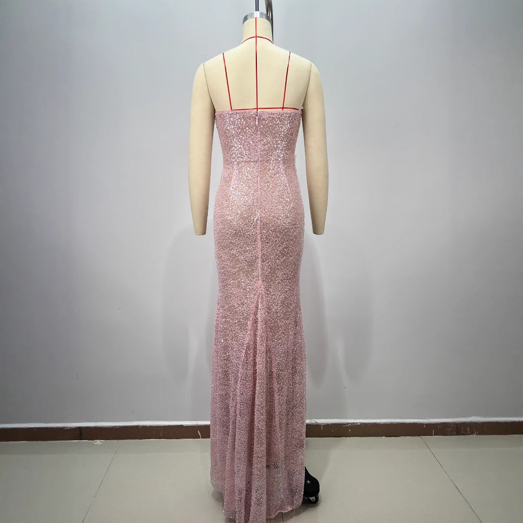 High-quality Fashion Backless One-Shoulder Tube Top Boned Design Beaded Sequined Casual Long Party Dress