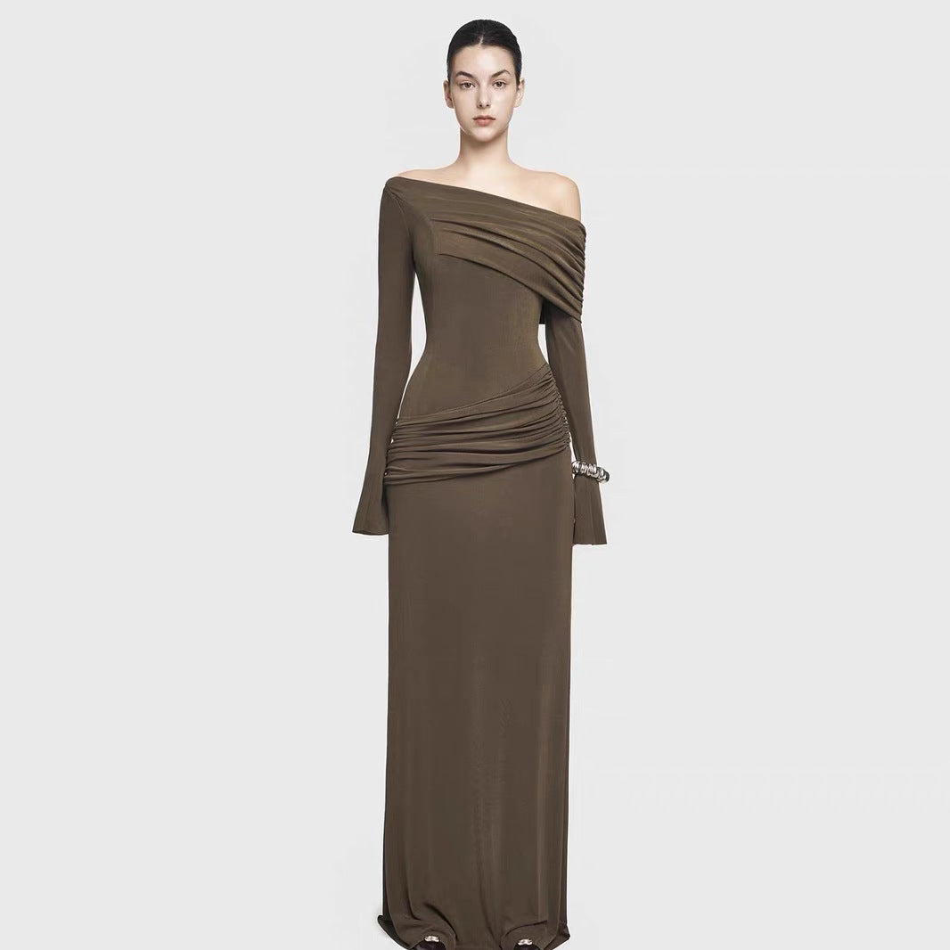 Asymmetrical Shoulder Long Sleeve Fitted Pleated Maxi Dress, Elegant Pleated Dress, Simple Fitted Long Dress