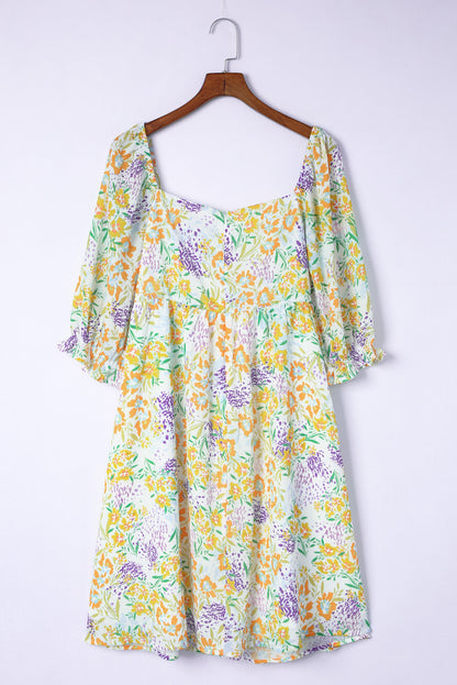 Multicolor Plus Size Floral Print Ruffle Bubble Sleeve Babydoll Dress