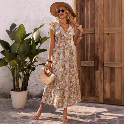 Clothing  Elegant Floral Print V-Neck Short Sleeve Fitted Dress