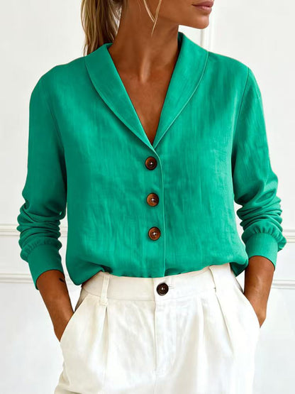 Cotton and linen long sleeved doll collar button down shirt