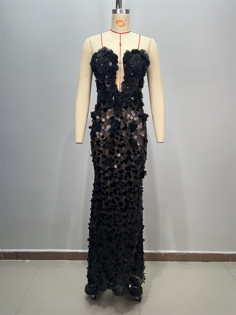 Black Fashion Strapless Floral Embellished Dress Women Summer Elegant Mid-Length Waist-Cinched Formal Gown