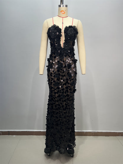 Black Fashion Strapless Floral Embellished Dress Women Summer Elegant Mid-Length Waist-Cinched Formal Gown