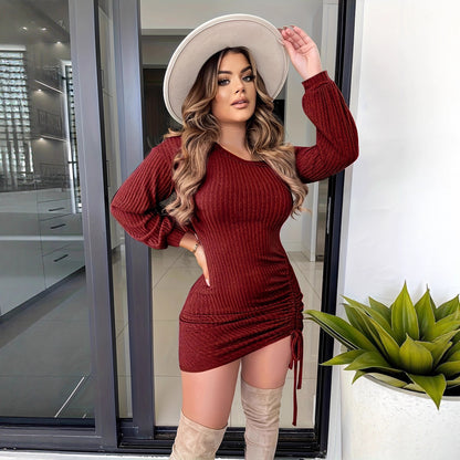 Women's Fashion Autumn Winter Sexy Slim Fit Solid Color Drawstring Asymmetrical Shoulder Long Sleeve Dress