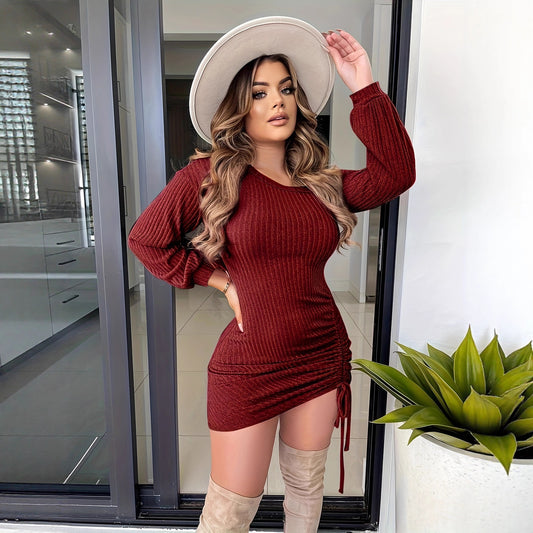 Women's Fashion Autumn Winter Sexy Slim Fit Solid Color Drawstring Asymmetrical Shoulder Long Sleeve Dress