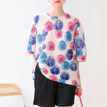 Fashionable Printed Loose Fit T-Shirt with Pleated Design Round Neck Oversized Casual Top for Summer