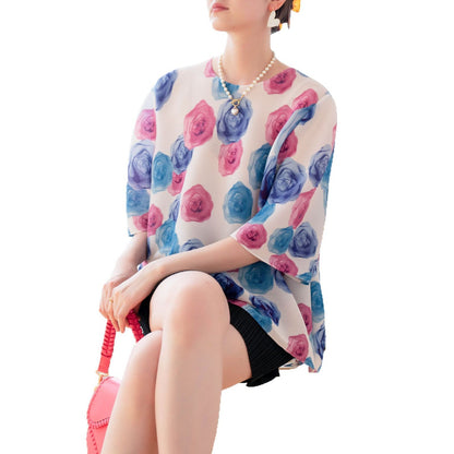 Fashionable Printed Loose Fit T-Shirt with Pleated Design Round Neck Oversized Casual Top for Summer