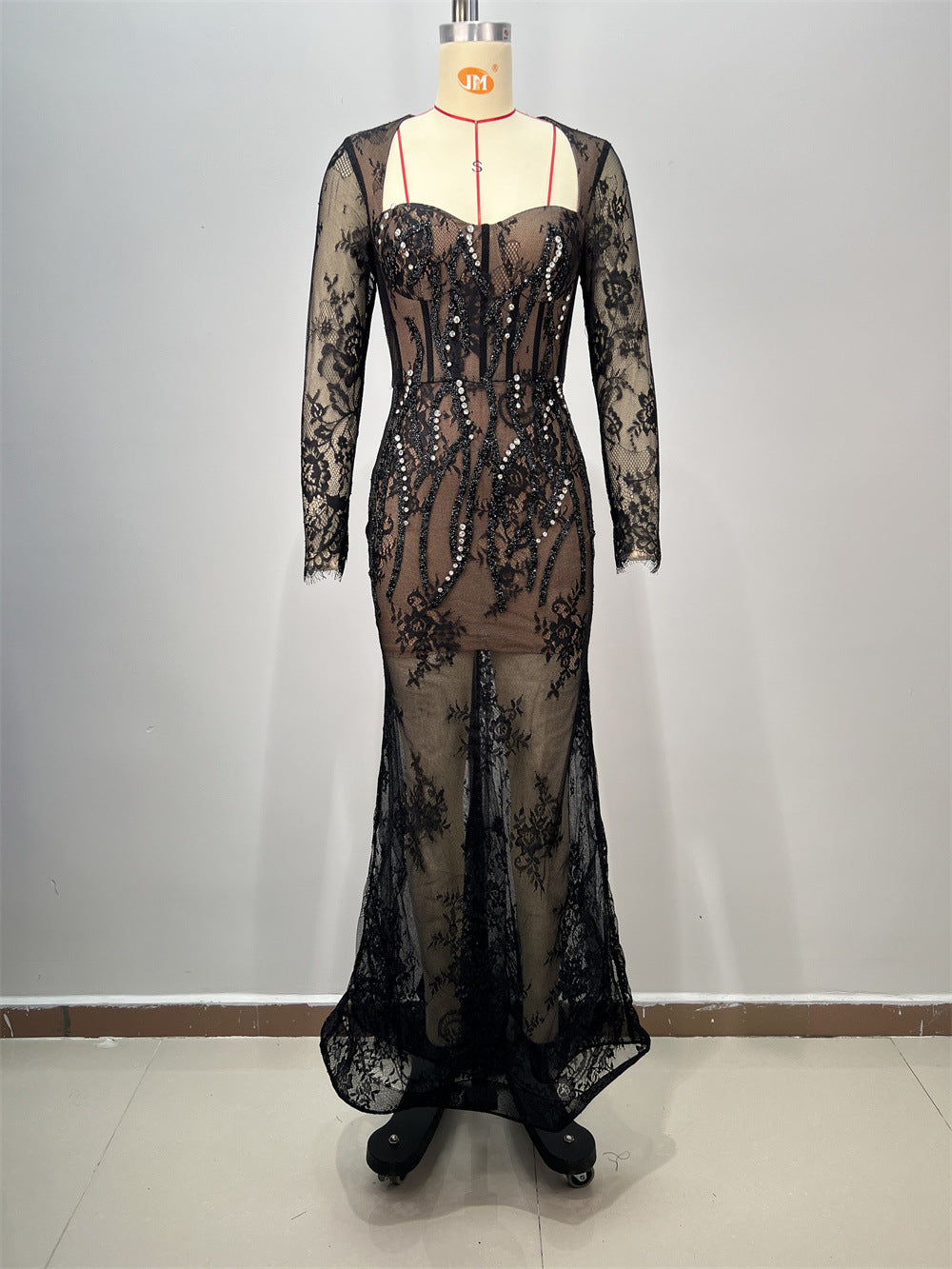 Foreign Trade Fashion Lace Long Sleeve Square Neck Fitted Long Dress Heavy Work Lace Party Evening Gown Women's Dress