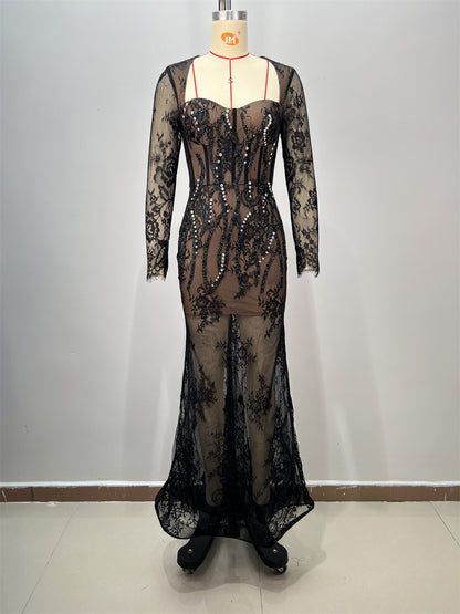 Foreign Trade Fashion Lace Long Sleeve Square Neck Fitted Long Dress Heavy Work Lace Party Evening Gown Women's Dress