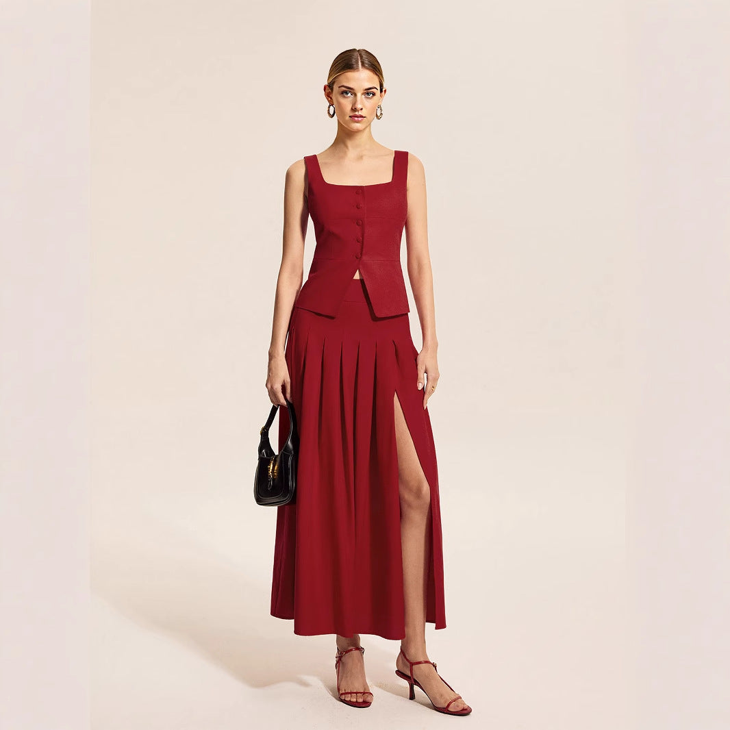 Sleeveless vest half skirt large umbrella slit skirt set