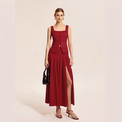 Sleeveless vest half skirt large umbrella slit skirt set