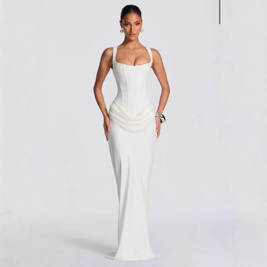 Boned Strapless Satin Gown Dress for Women, Fitted Slim Silhouette, Elegant Drape, High-End Evening Long Dress