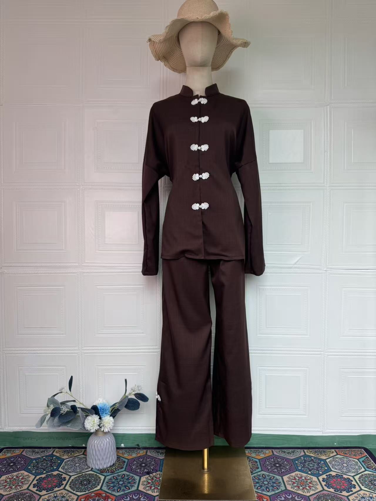 Vintage Comfortable Long Sleeve Loose Set, Simple Long Pants Casual Spring Outfit