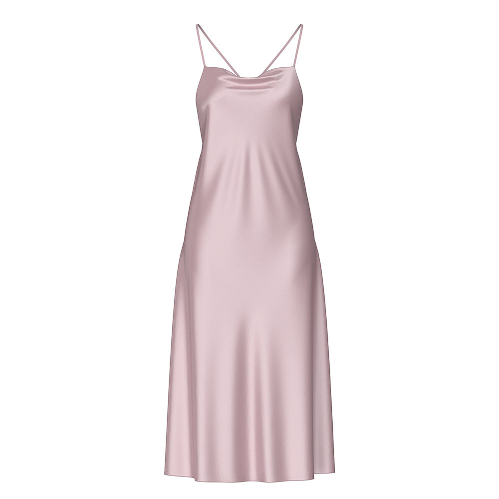 Women's Spring and Summer Swing Collar  Satin Homewear Thin Strap Dress Fresh