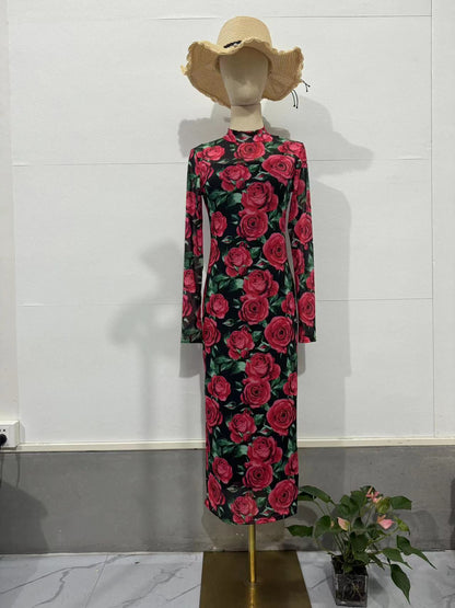 Flower Dress Printed Mid-Length  Floral New Autumn Cross-border Long Dress