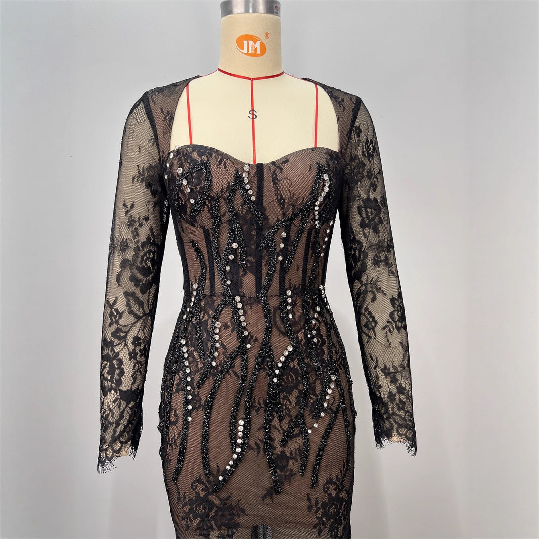 Foreign Trade Fashion Lace Long Sleeve Square Neck Fitted Long Dress Heavy Work Lace Party Evening Gown Women's Dress
