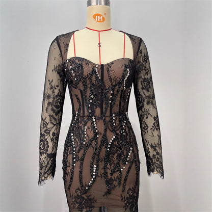 Foreign Trade Fashion Lace Long Sleeve Square Neck Fitted Long Dress Heavy Work Lace Party Evening Gown Women's Dress