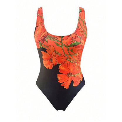 Orange flower print shoulder strap for women one-piece swimsuit for women