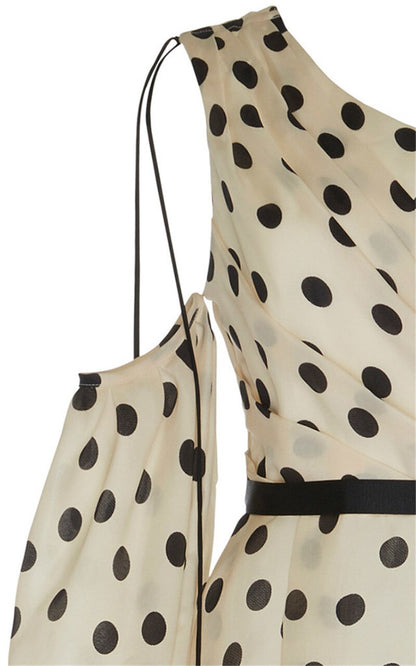 Vacation Style Single Shoulder Sleeve Slash Neck Polka Dot Goddess Chiffon Irregular Dresses Long Dress