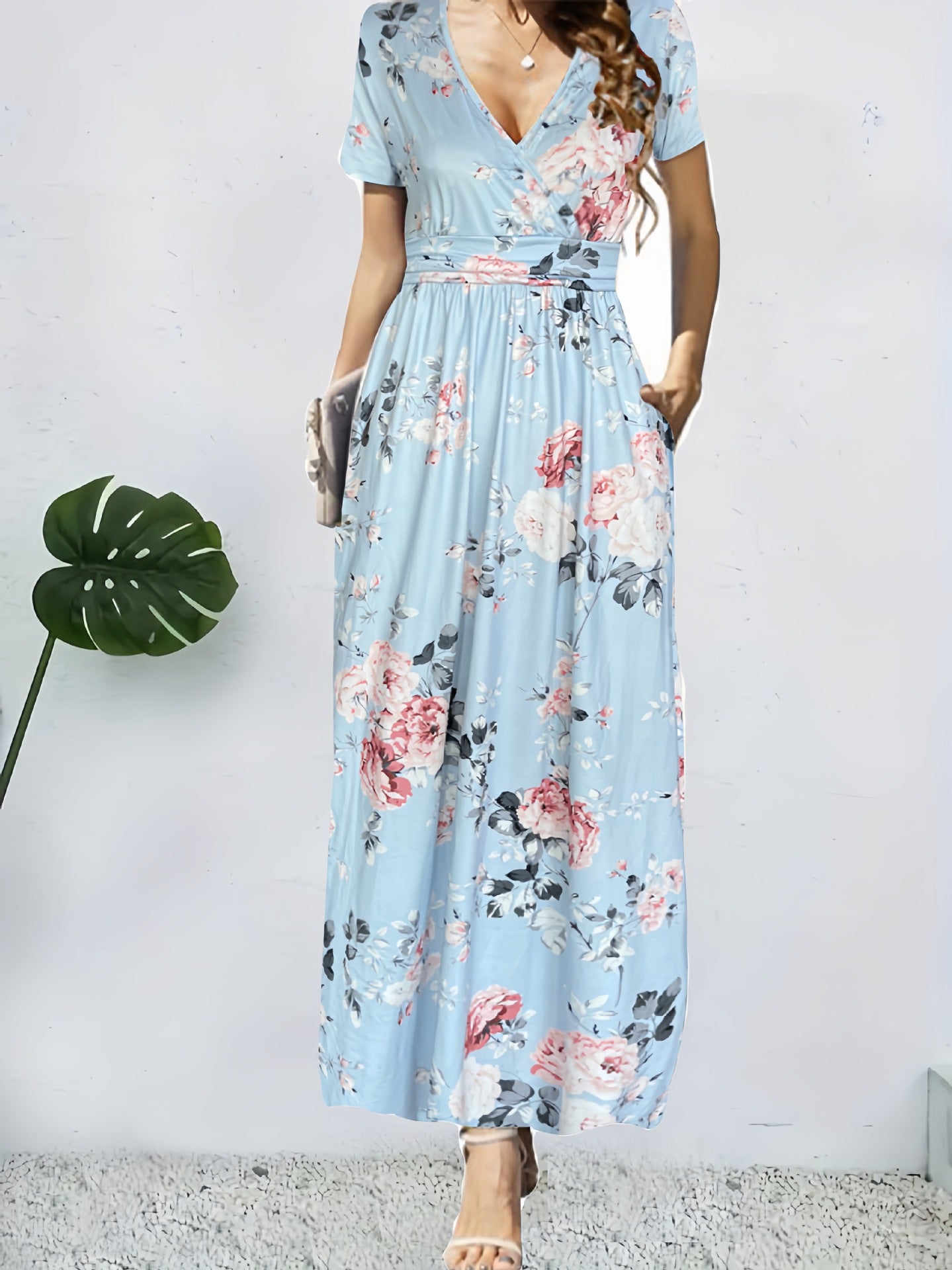 Elegant V-Neck Short Sleeve Wrap Dress with Pockets for Women