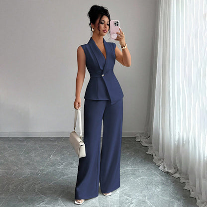 Sleeveless suit straight leg pants two-piece set