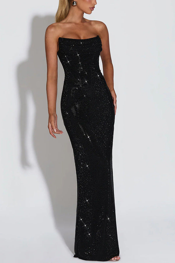 Slim fit sleeveless sequined long evening gown dress