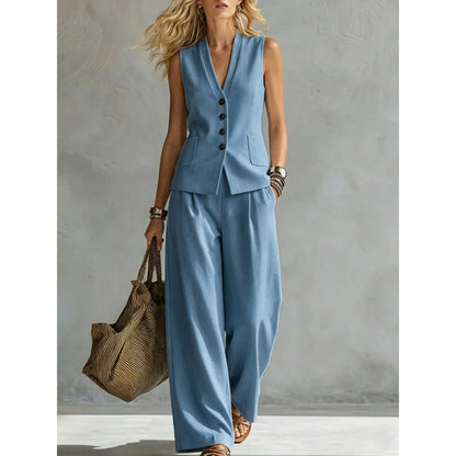Solid color sleeveless casual linen vest and pants set