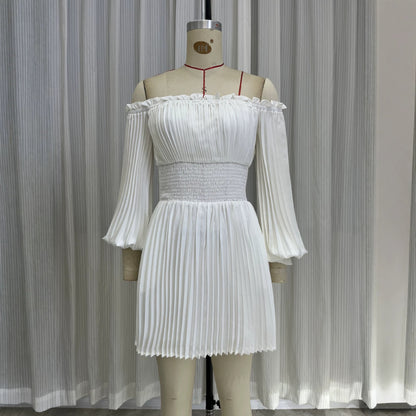 One collar long sleeved waist cinching dress