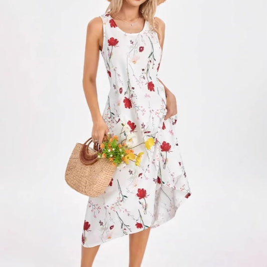Summer Sleeveless Round Neck Printed Long Casual Vacation Versatile Dress