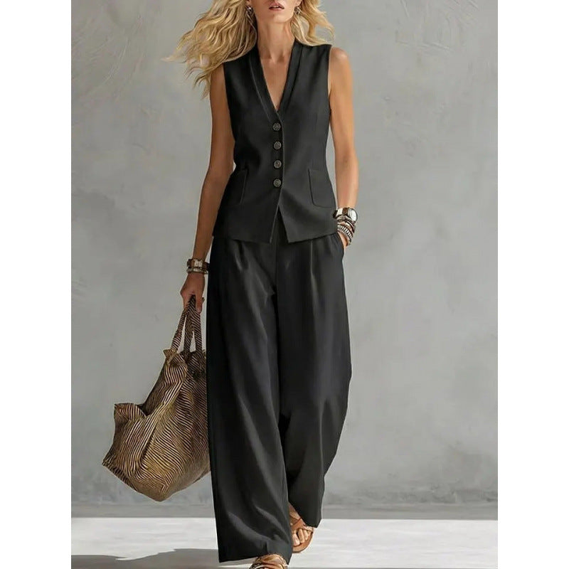 Solid color sleeveless casual linen vest and pants set