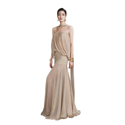 Fish Tail Dress Two-Piece Set Off-Shoulder Elegant Long Dress with Straps, Pleated Floor-Length Gown