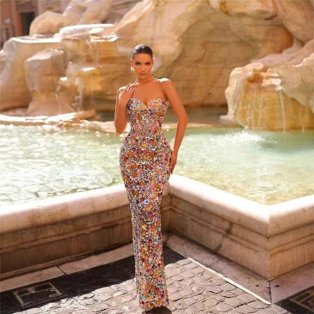 Women's Style Casual Backless Tube Top Slim Fit Floral Decorated Long Bodycon Dress
