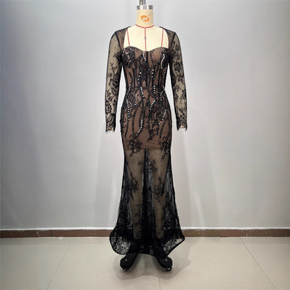 Foreign Trade Fashion Lace Long Sleeve Square Neck Fitted Long Dress Heavy Work Lace Party Evening Gown Women's Dress