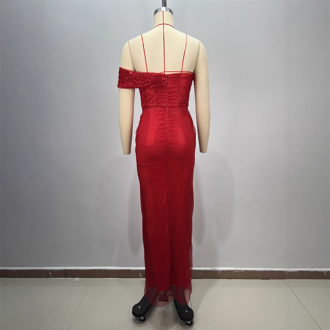 Sexy Strapless One-Shoulder Ruched Slit Long Fitted Bodycon Dress