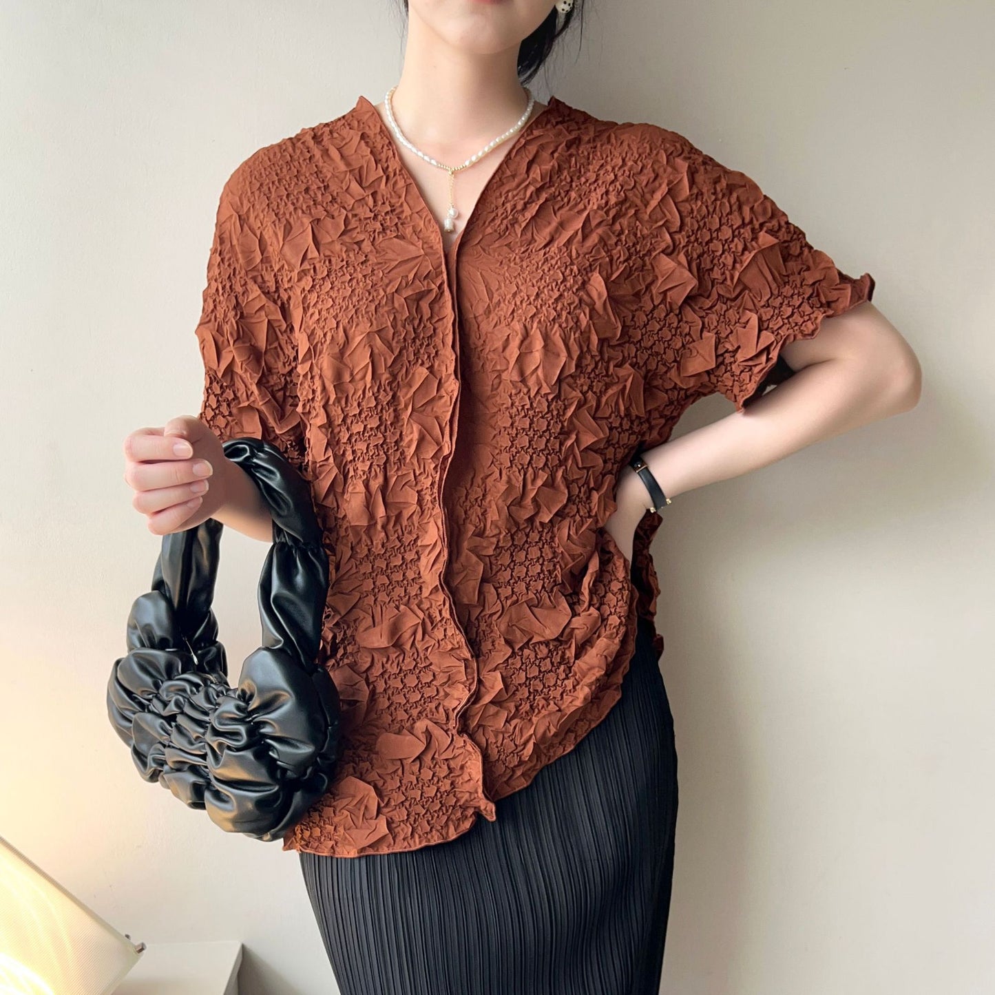 Clothing  Soft Fabric V-Neck Top with Hand Embroidery and Pleated Design Casual Everyday WearShort Sleeve