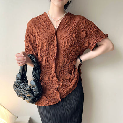 Clothing  Soft Fabric V-Neck Top with Hand Embroidery and Pleated Design Casual Everyday WearShort Sleeve