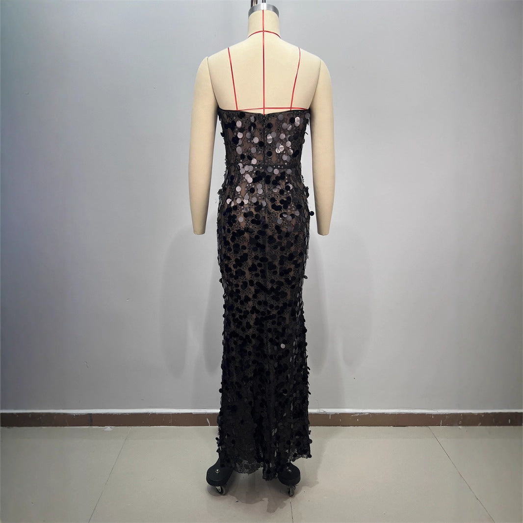Black Fashion Strapless Floral Embellished Dress Women Summer Elegant Mid-Length Waist-Cinched Formal Gown