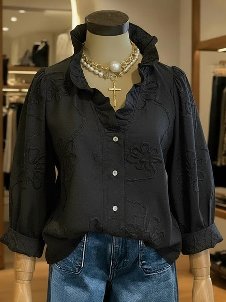 Lace printed cotton linen sweet shirt