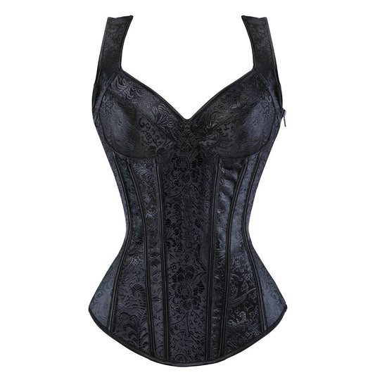 Vintage Embroidered Corset with Side Zipper and Bust Support Straps, Shapewear Bodysuit
