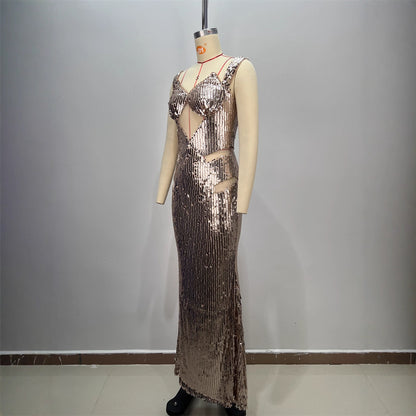 New Backless V-neck Sleeveless Fitted Sequined Casual Long Dress for Party