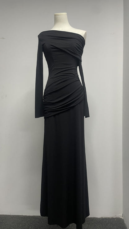 Asymmetrical Shoulder Long Sleeve Fitted Pleated Maxi Dress, Elegant Pleated Dress, Simple Fitted Long Dress