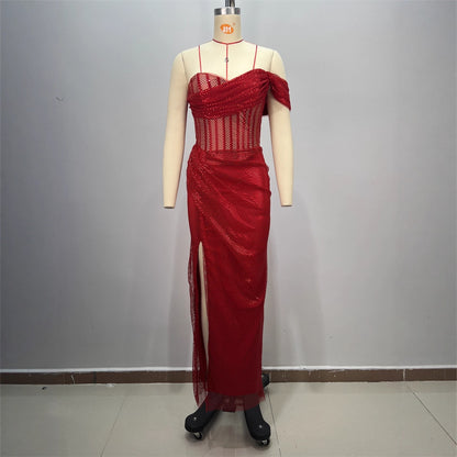 Sexy Strapless One-Shoulder Ruched Slit Long Fitted Bodycon Dress
