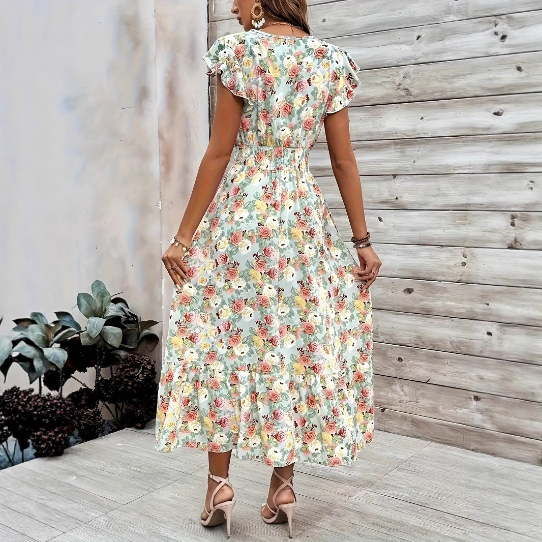 Clothing  Elegant Floral Print V-Neck Short Sleeve Fitted Dress